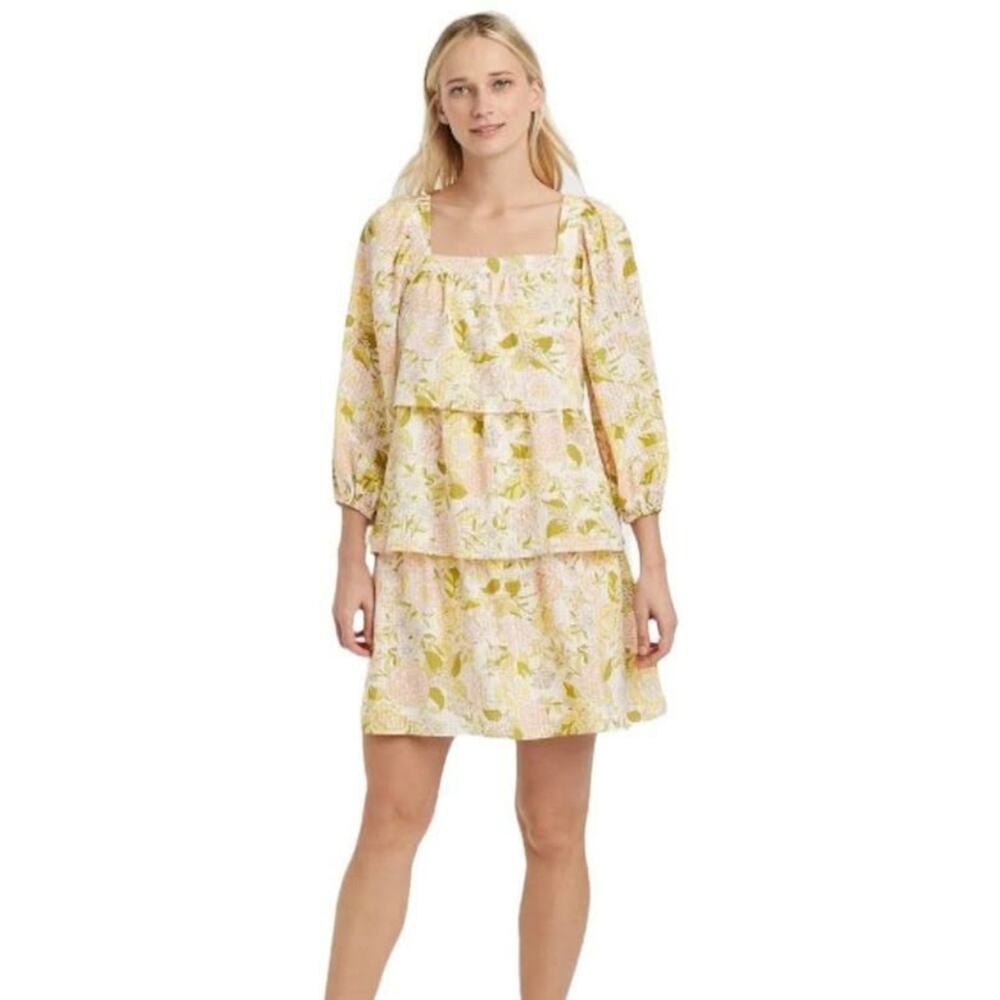 Who What Wear Ruffle Dress Bishop Sleeve Tiered Yellow Floral Large